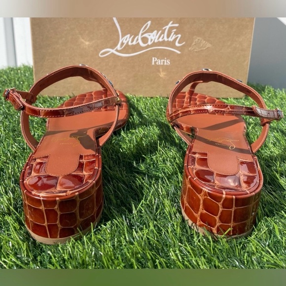 CHRISTIAN LOUBOUTIN MJ THONG CARAMEL BROWN CROC LEATHER SANDALS SZ 39 BLOCK HEEL - Picture 11 of 16